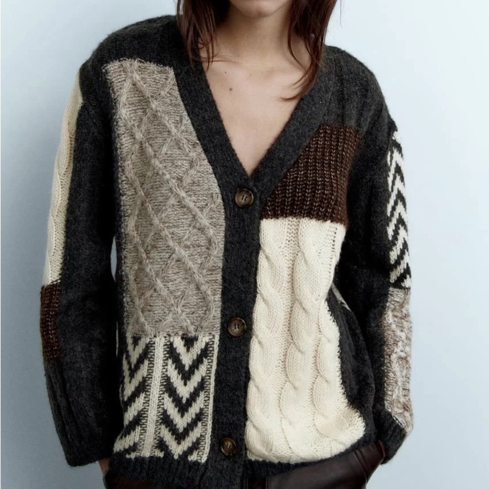 New ZARA Patchwork Cable Knit Cardigan Neutral Chevron Size S